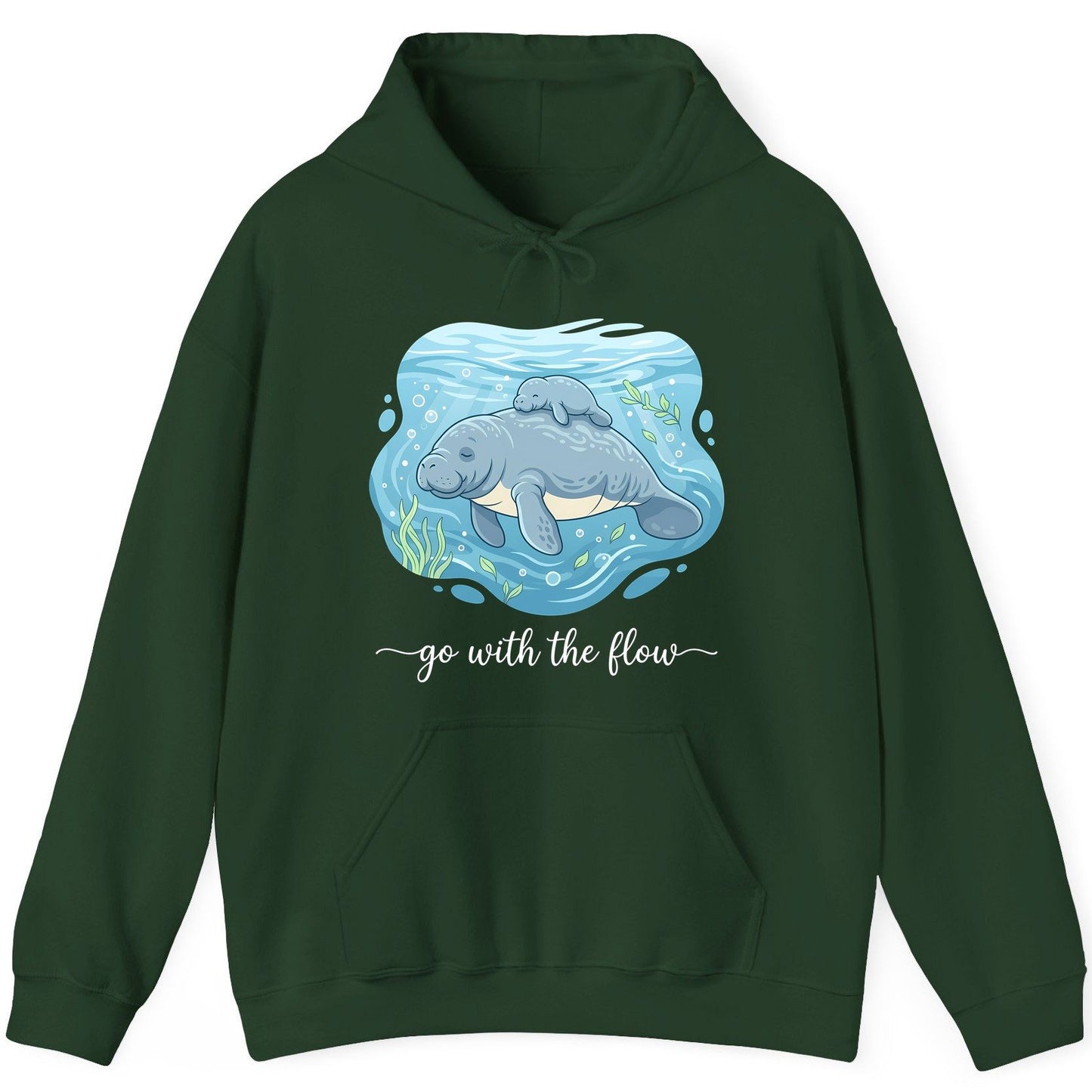 Go with the Flow Manatee Hoodie - product mockup - Forest Green