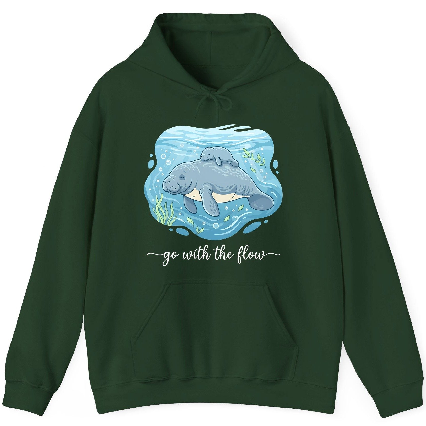 Go with the Flow Manatee Hoodie - product mockup - Forest Green