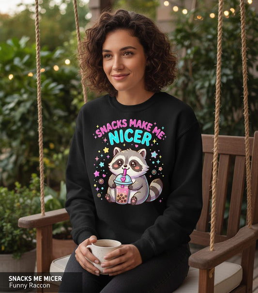 SNACKS MAKE ME NICER Funny Raccoon Sweatshirt - lifestyle model mockup - Black