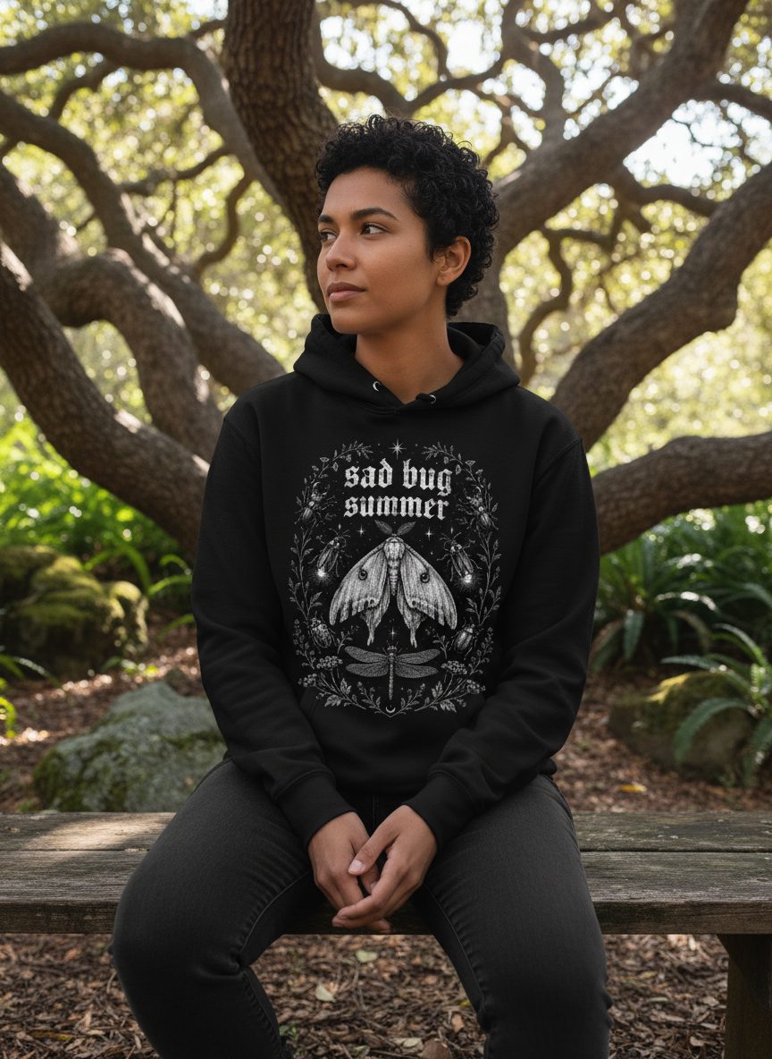 Sad Bug Summer Vintage Insects Hoodie - lifestyle model mockup - Black