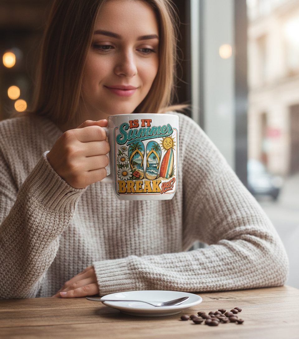 Is It Summer Break Yet Retro Vacation White Mug - lifestyle model mockup - White
