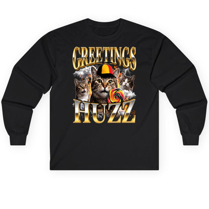 Greetings HUZZ Funny Cats Long Sleeve Tee - product mockup - Black
