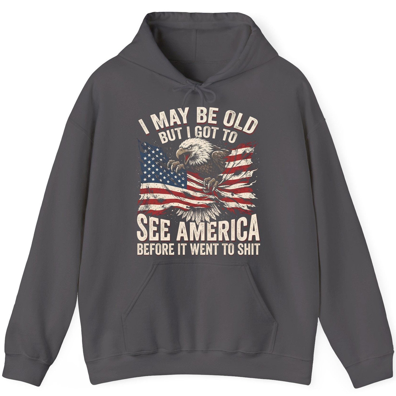 I MAY BE OLD BUT I GOT TO SEE America BEFORE IT WENT TO SHIT Hoodie - product mockup - Charcoal