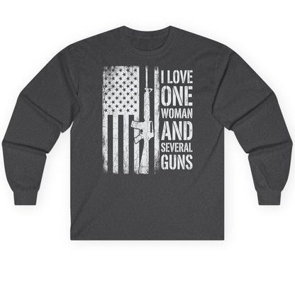I LOVE ONE WOMAN AND Several GUNS Funny Pro-Gun Long Sleeve Tee - product mockup - Dark Heather