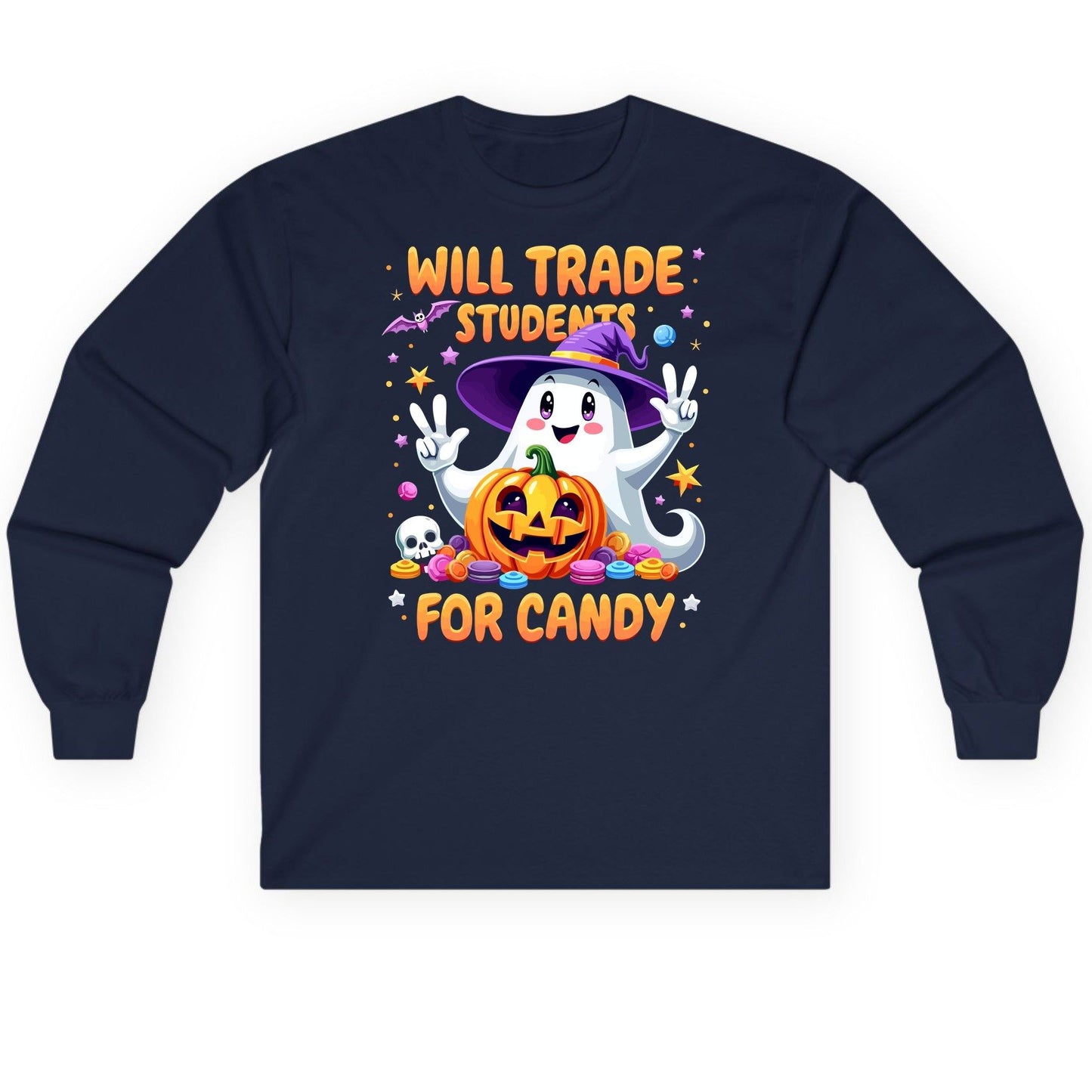 Will Trade Students for Candy teacher Halloween Long Sleeve Tee Navy product mockup