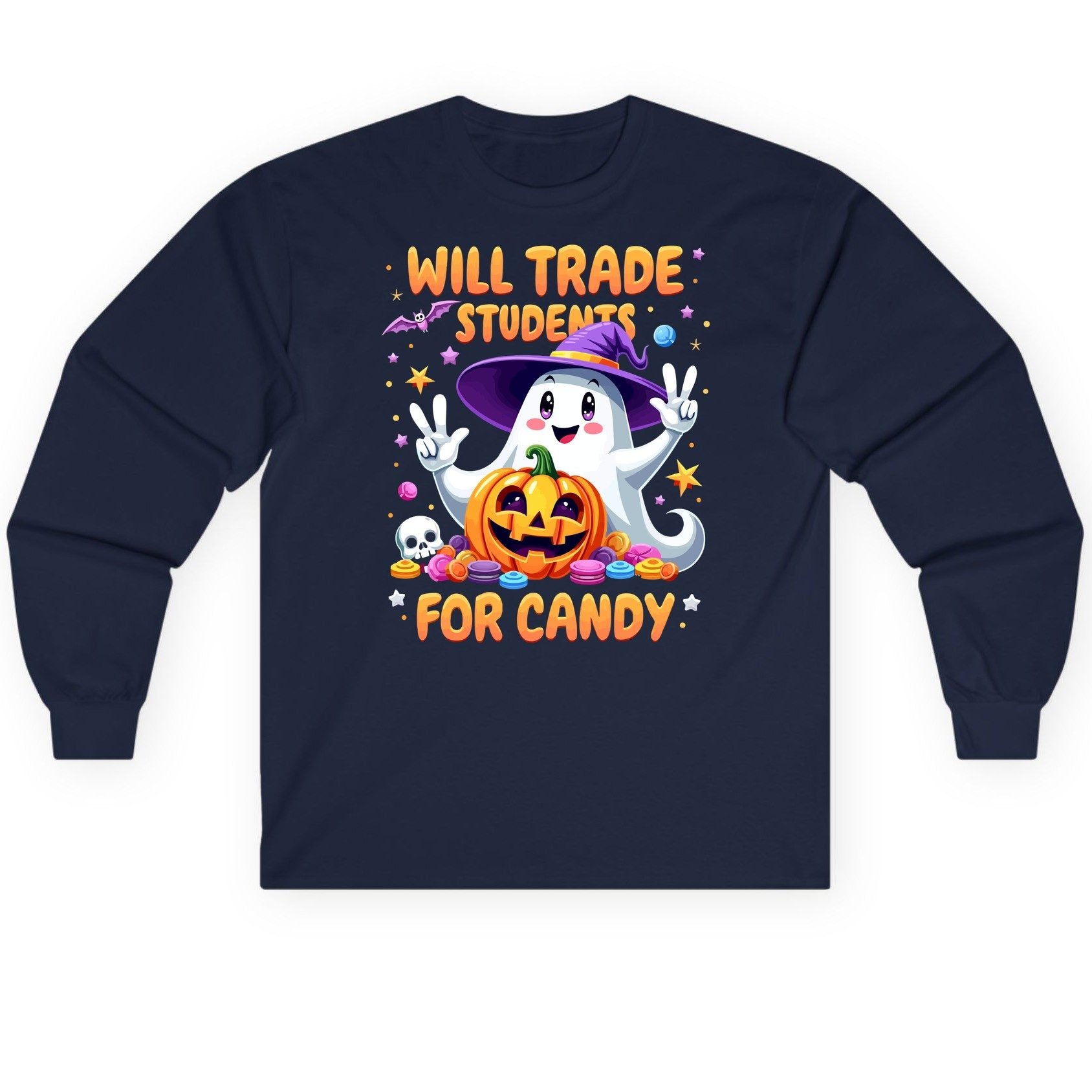 Will Trade Students for Candy teacher Halloween Long Sleeve Tee Navy product mockup
