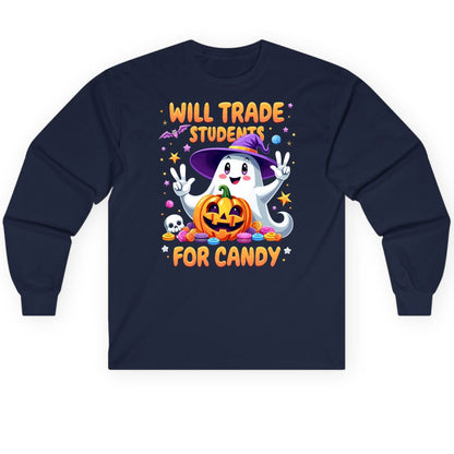 Will Trade Students for Candy teacher Halloween Long Sleeve Tee Navy product mockup