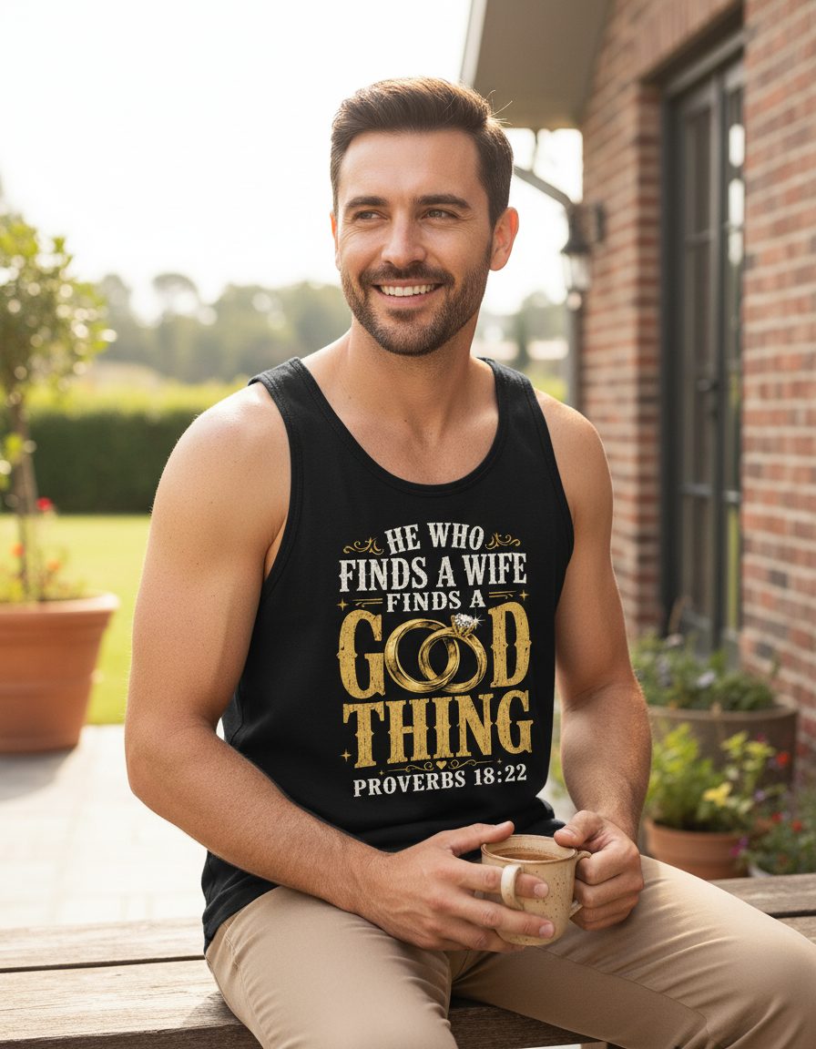 He Who Finds a Wife Finds a Good Thing Proverbs 18 22 Tank Top - lifestyle model mockup - Black