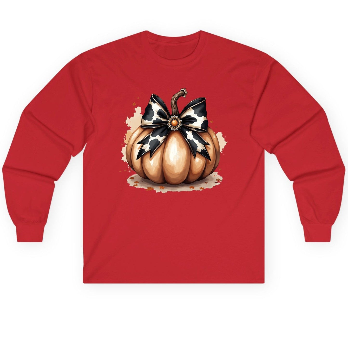 Cow Print Bow Pumpkin pumpkin Long Sleeve Tee Red product mockup