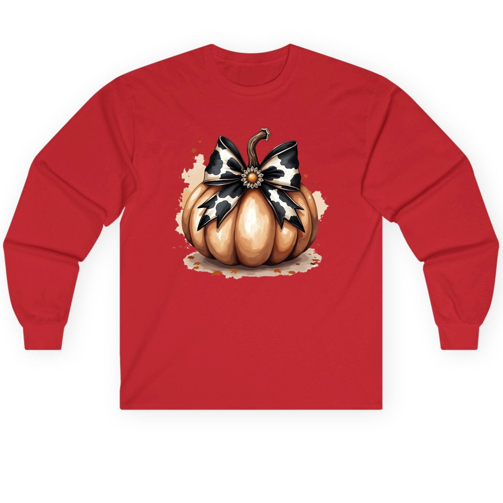 Cow Print Bow Pumpkin pumpkin Long Sleeve Tee Red product mockup