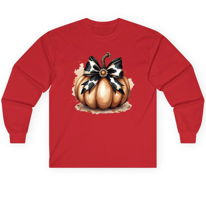 Cow Print Bow Pumpkin pumpkin Long Sleeve Tee Red product mockup