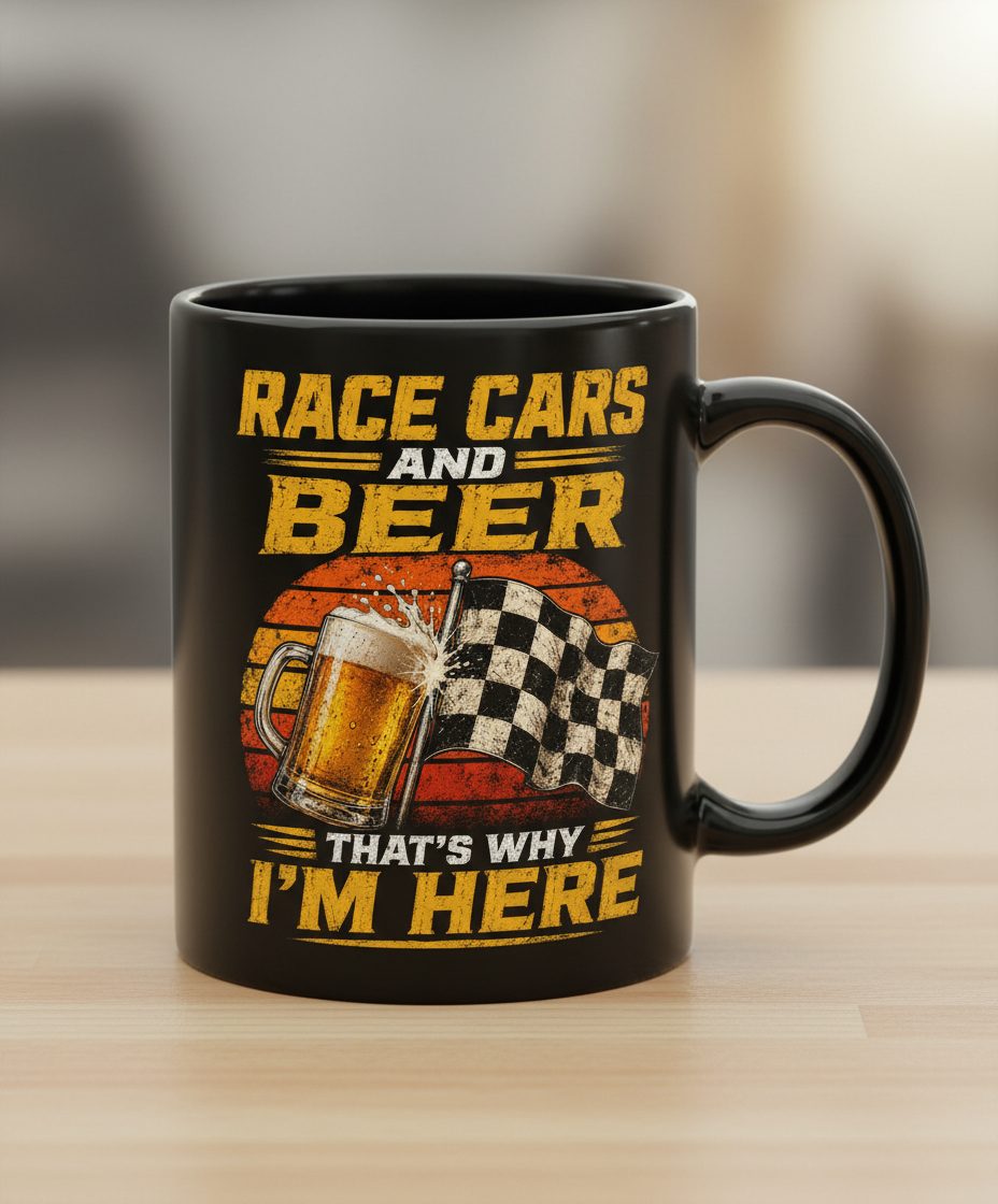 Race Cars and Beer That's Why I'm Here Funny Racing Black Mug - product mockup - Black