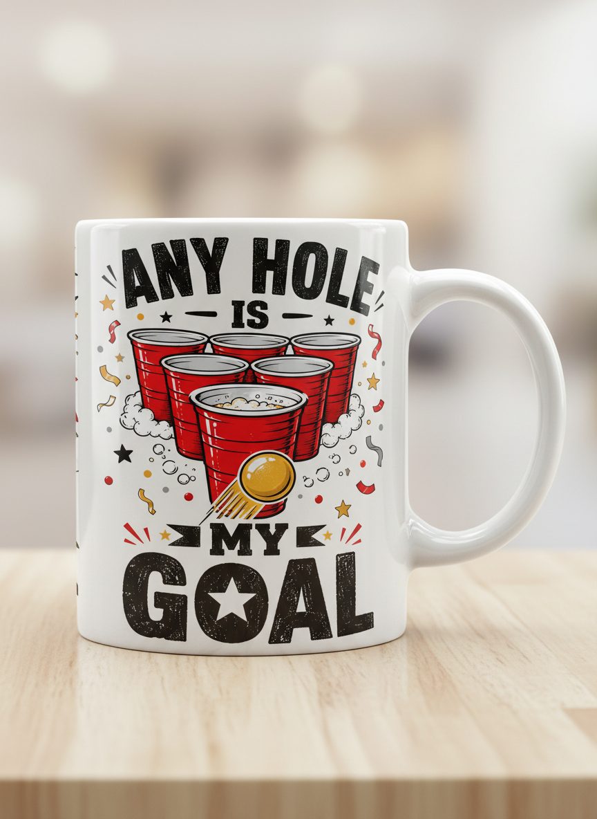 Any Hole Is My Goal Funny Beer Pong White Mug - product mockup - White