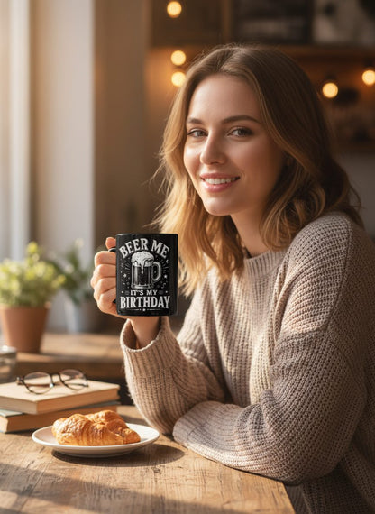 Beer Me It's My Birthday Funny Person Black Mug - lifestyle model mockup - Black