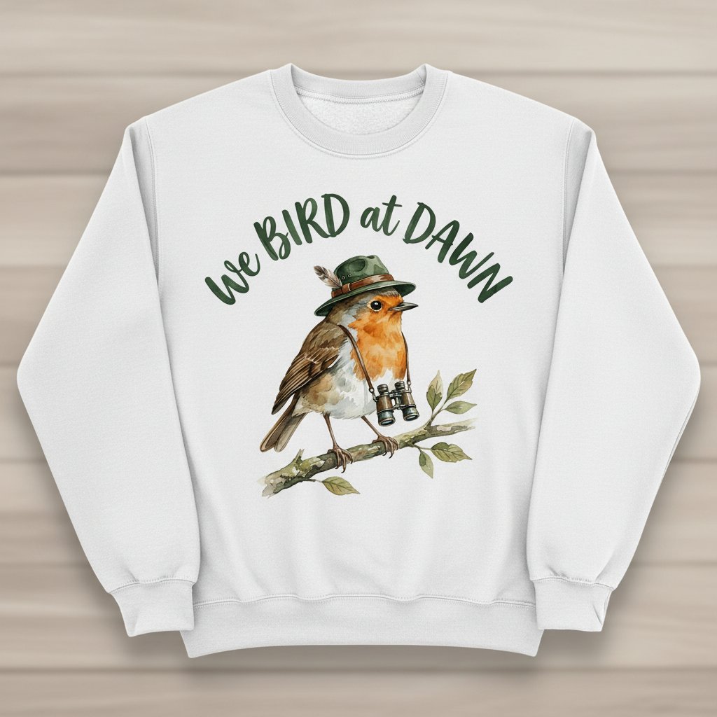 Watercolor Robin Birdwatcher with Hat and Binoculars Sweatshirt - product mockup - White