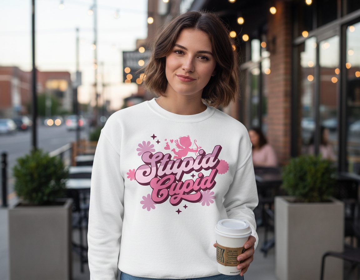 Stupid Cupid anti-Valentine's Day Sweatshirt White lifestyle mockup