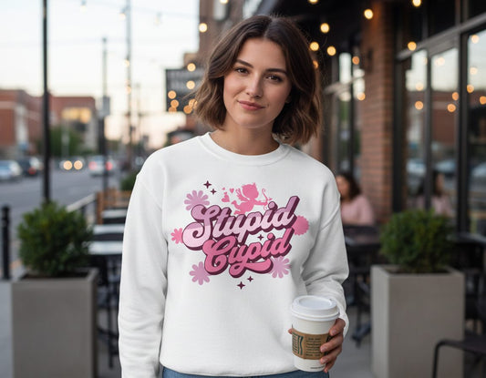 Stupid Cupid anti-Valentine's Day Sweatshirt White lifestyle mockup