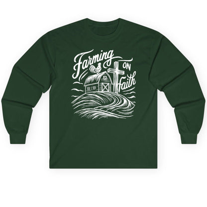 Farming on Faith christian farming Long Sleeve Tee Forest Green product mockup