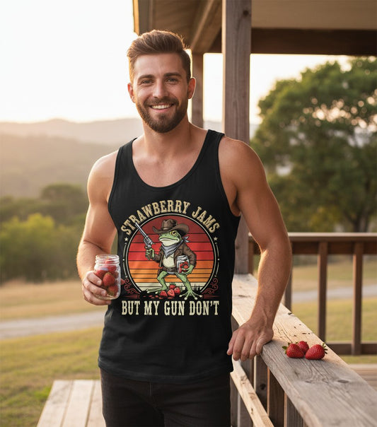 Strawberry Jams but My Gun Don't cowboy frog Tank Top Black lifestyle mockup