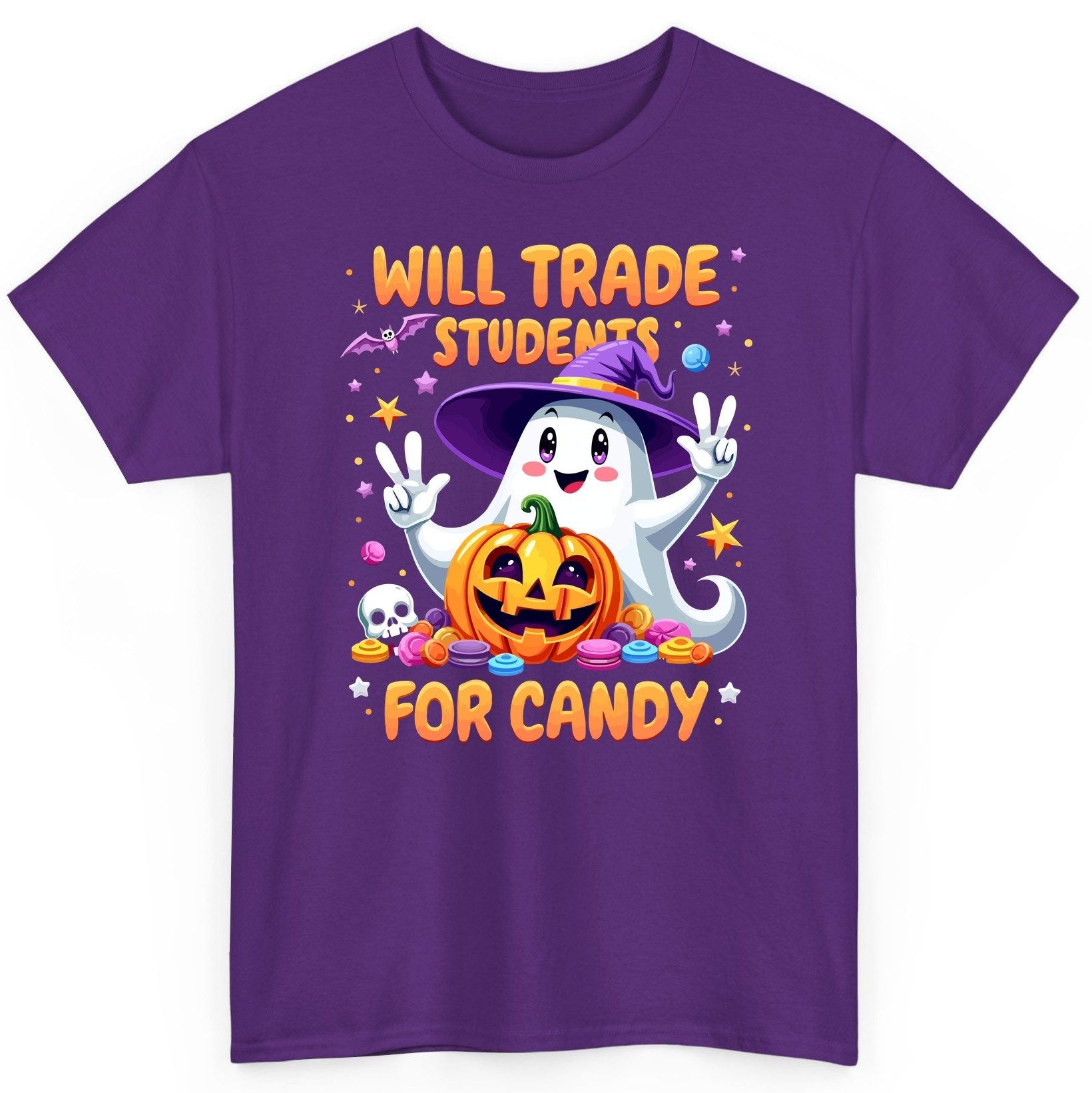 Will Trade Students for Candy teacher Halloween T-Shirt Purple product mockup