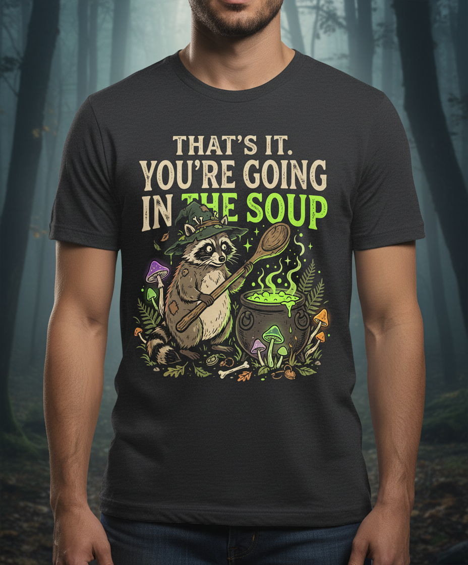 That's It You're Going In The Soup Raccoon Witch T-Shirt - Dark Heather