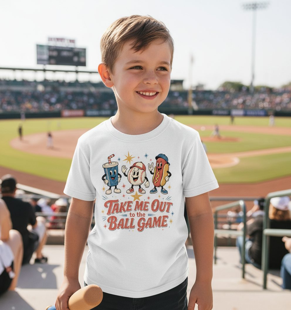 Take Me Out to the Ball Game Retro Baseball Youth T-Shirt - lifestyle model mockup - White