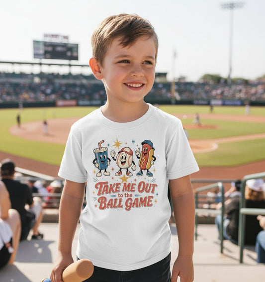 Take Me Out to the Ball Game Retro Baseball Youth T-Shirt - lifestyle model mockup - White