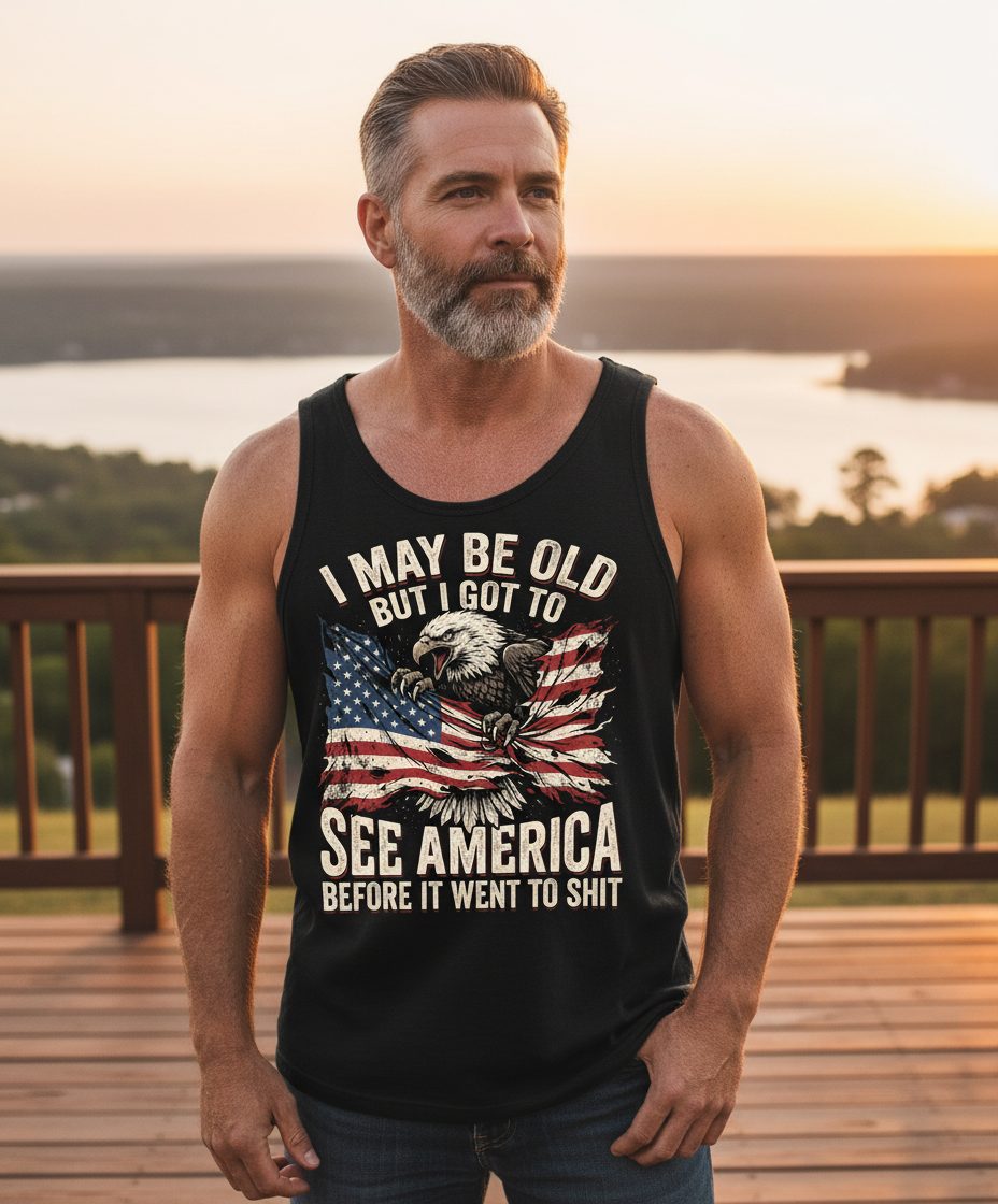 I MAY BE OLD BUT I GOT TO SEE America BEFORE IT WENT TO SHIT Tank Top - lifestyle model mockup - Black
