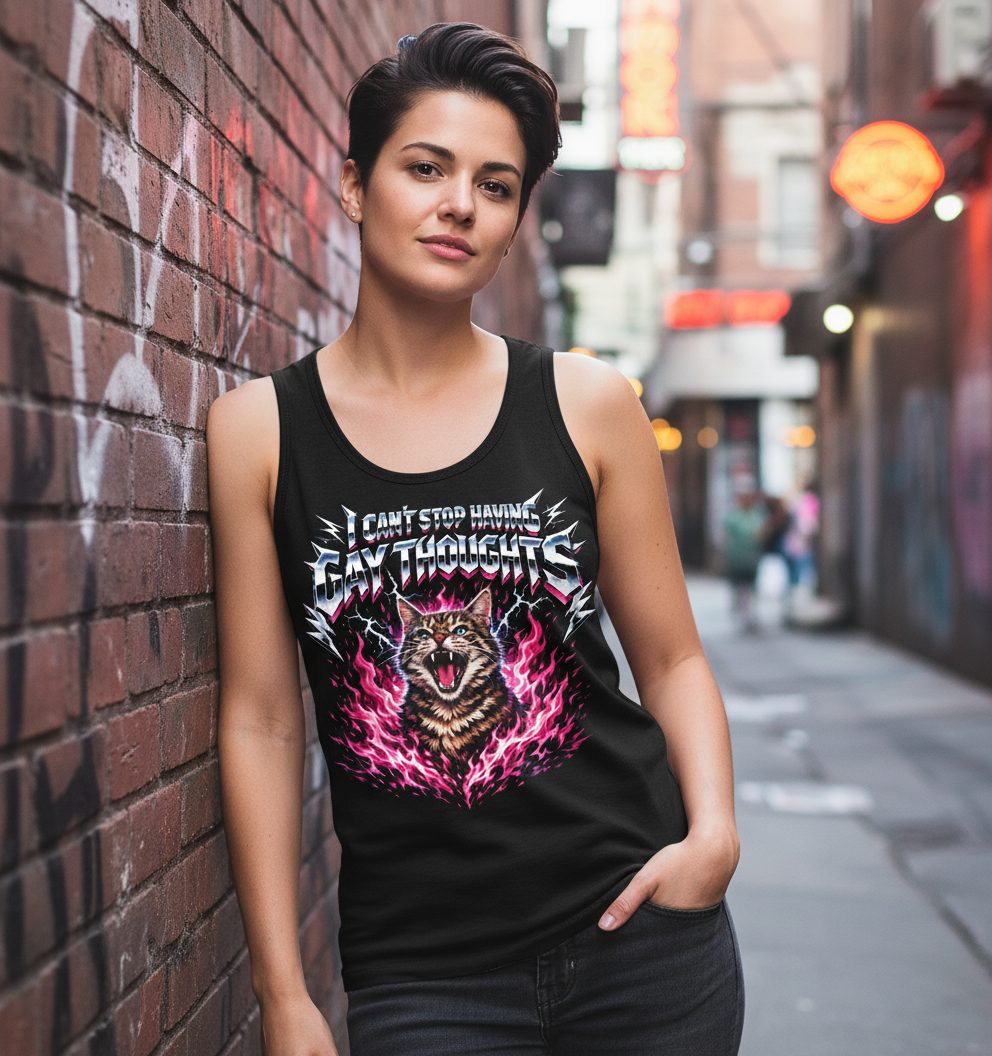 I Can't Stop Having Gay Thoughts cat Tank Top Black lifestyle mockup