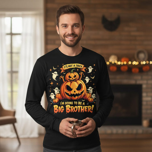 It's Not a Trick I'm Going to Be a Big Brother! Halloween big brother announcement Long Sleeve Tee Black lifestyle mockup