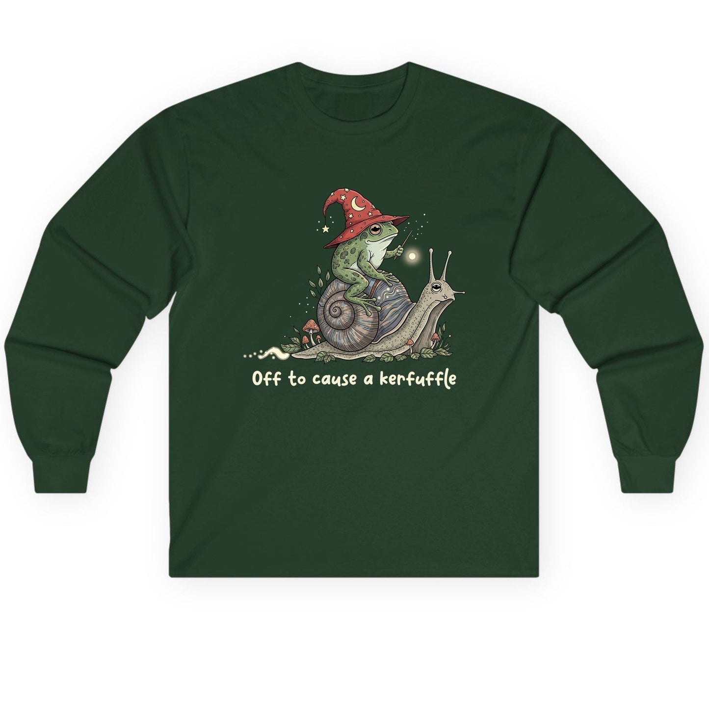 Off to Cause a Kerfuffle wizard frog Long Sleeve Tee Forest Green product mockup