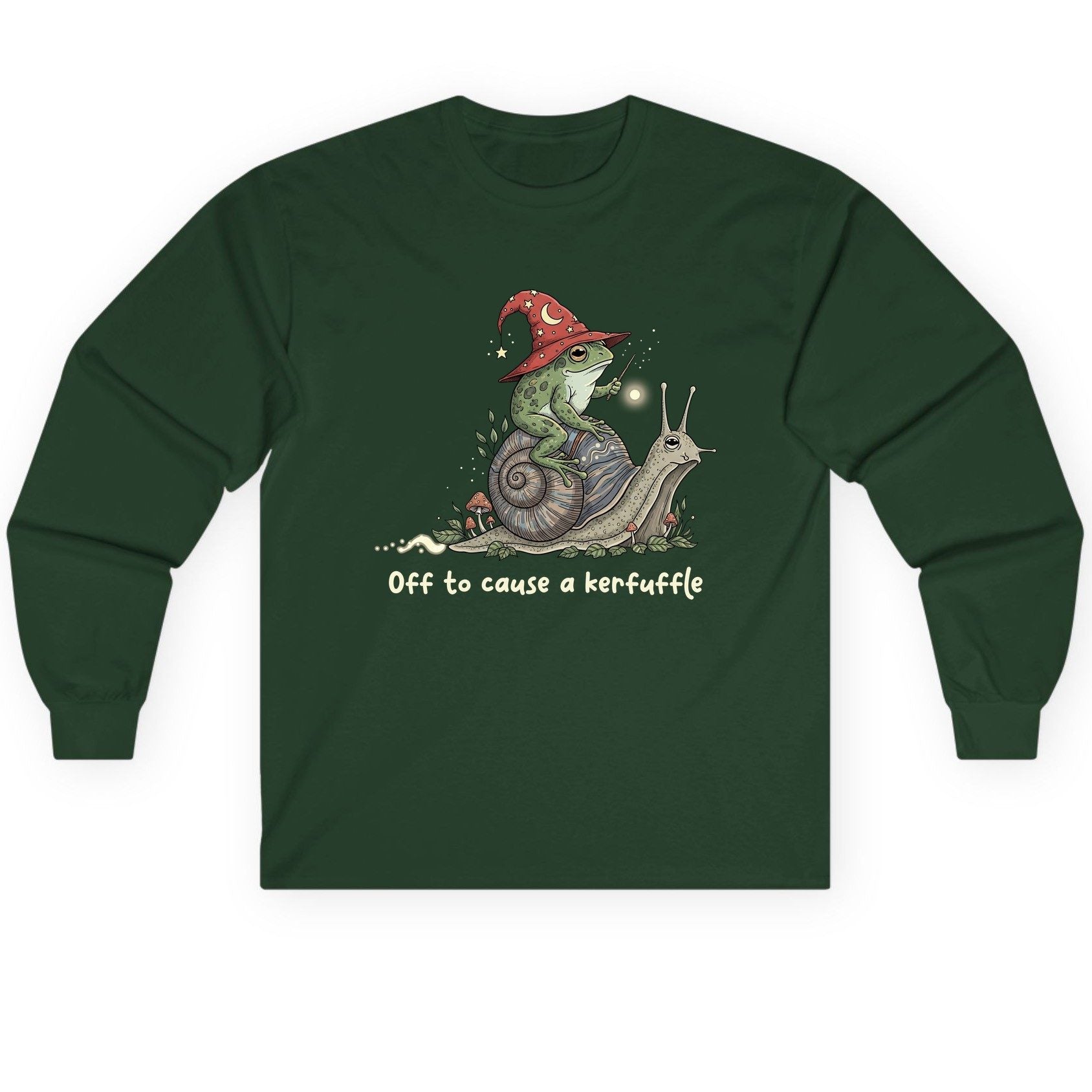 Off to Cause a Kerfuffle wizard frog Long Sleeve Tee Forest Green product mockup