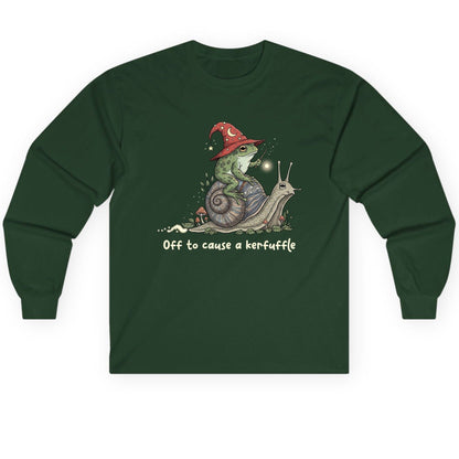 Off to Cause a Kerfuffle wizard frog Long Sleeve Tee Forest Green product mockup
