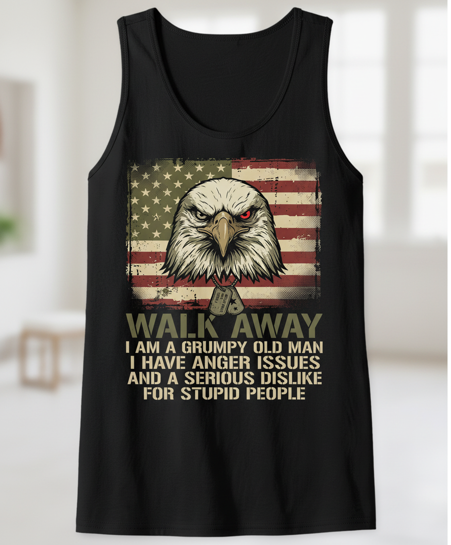 Walk Away I Am A Grumpy Old Man Eagle American Flag Tank Top - Black