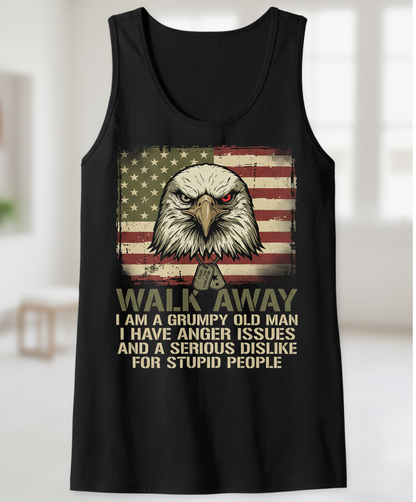 Walk Away I Am A Grumpy Old Man Eagle American Flag Tank Top - Black