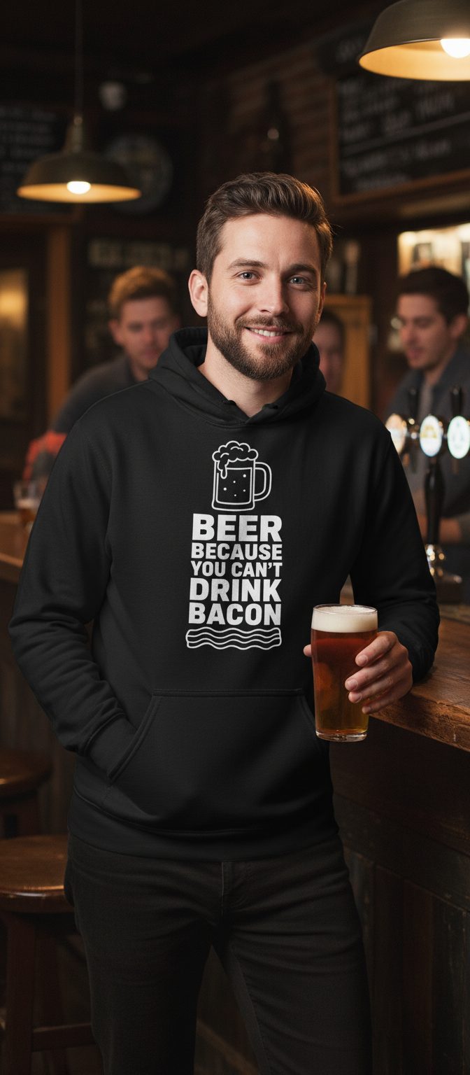 You Can't Drink Bacon Beer Funny Lovers Hoodie - lifestyle model mockup - Black