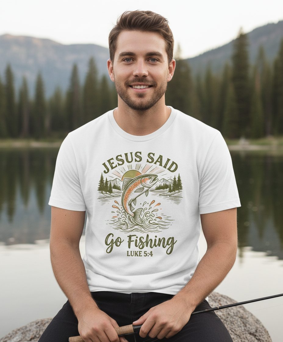 JESUS SAID Go Fishing LUKE 5 4 Vintage Christian T-Shirt - lifestyle model mockup - White