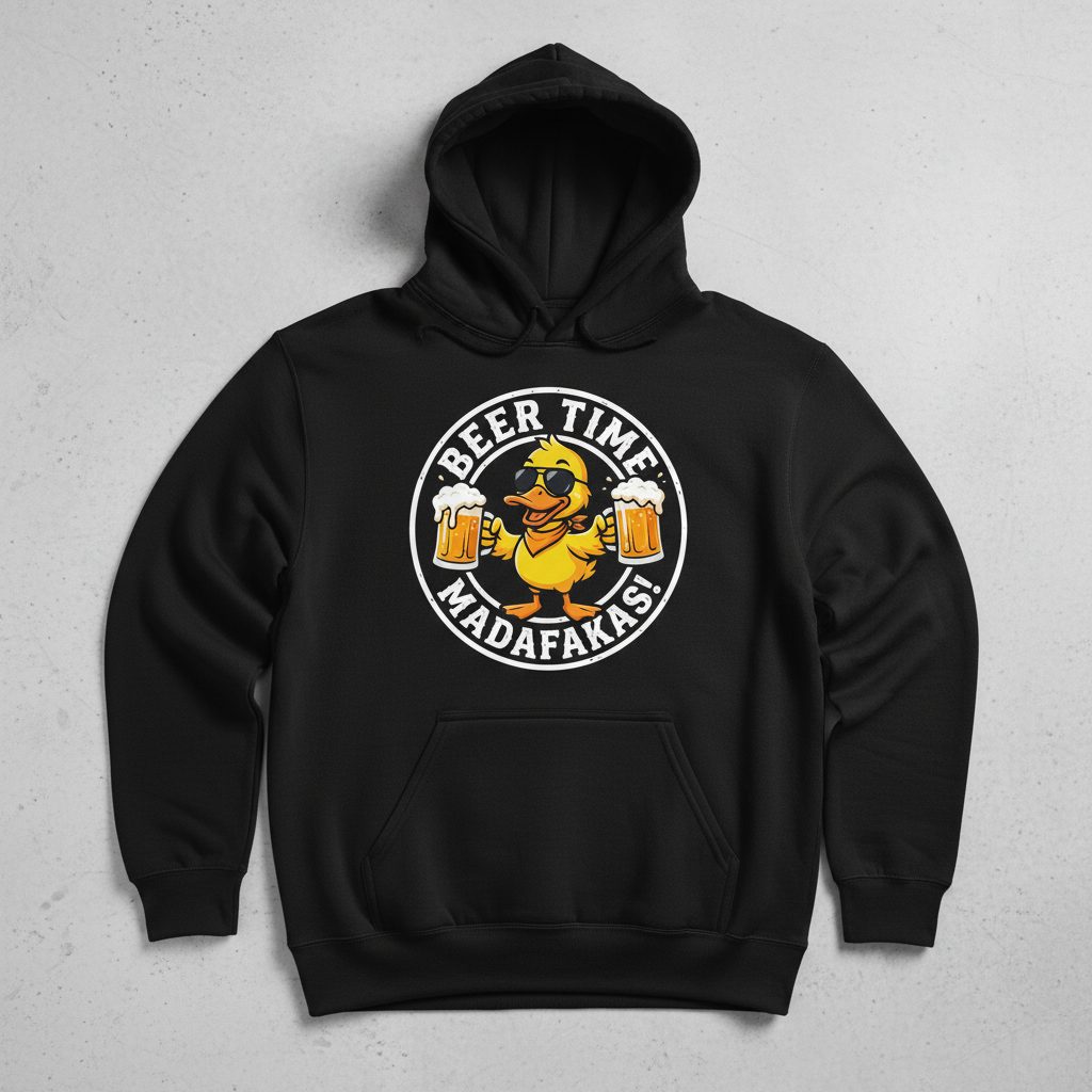 BEER TIME MADAFFAKAS! Funny Duck drinking beer Beer Time Madafakas Duck Hoodie - product mockup - Black