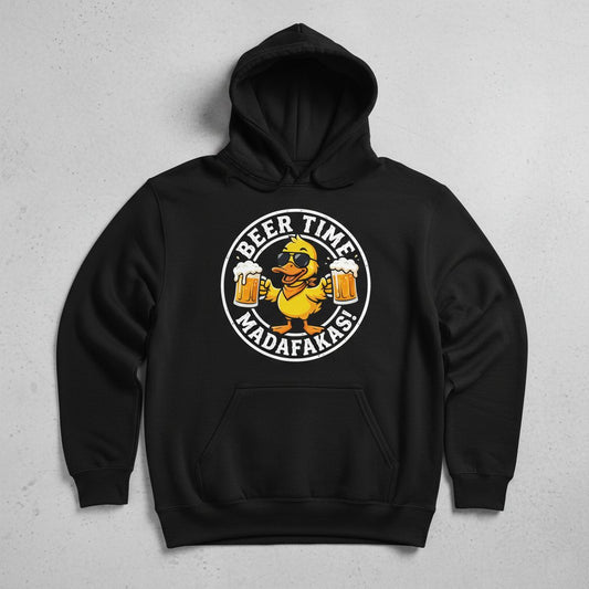 BEER TIME MADAFFAKAS! Funny Duck drinking beer Beer Time Madafakas Duck Hoodie - product mockup - Black