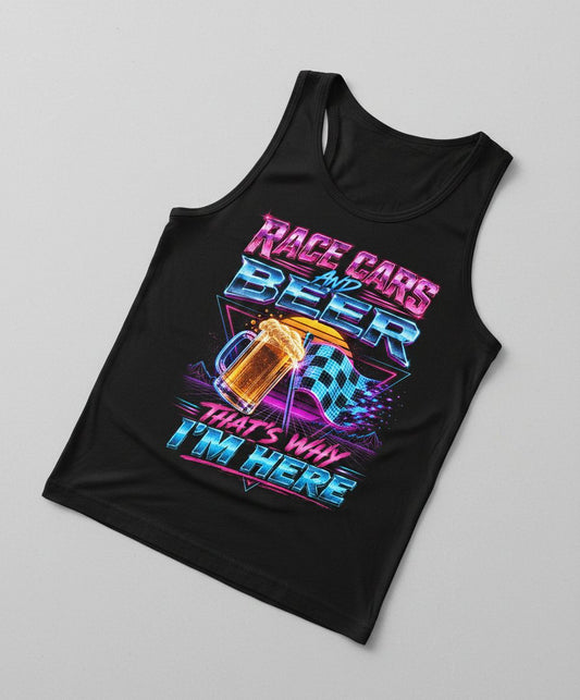Race Cars and Beer That's Why I'm Here Retro Racing Tank Top - product mockup - Black