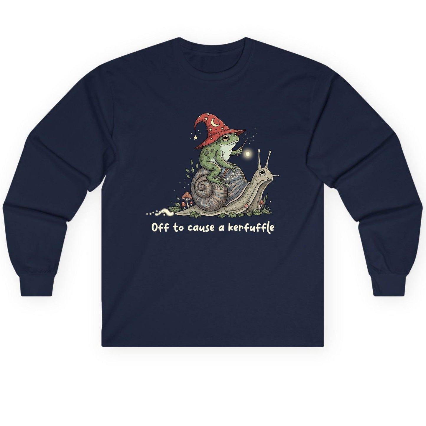 Off to Cause a Kerfuffle wizard frog Long Sleeve Tee Navy product mockup