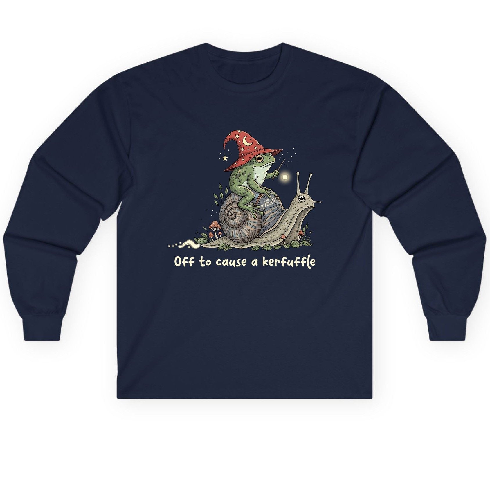 Off to Cause a Kerfuffle wizard frog Long Sleeve Tee Navy product mockup