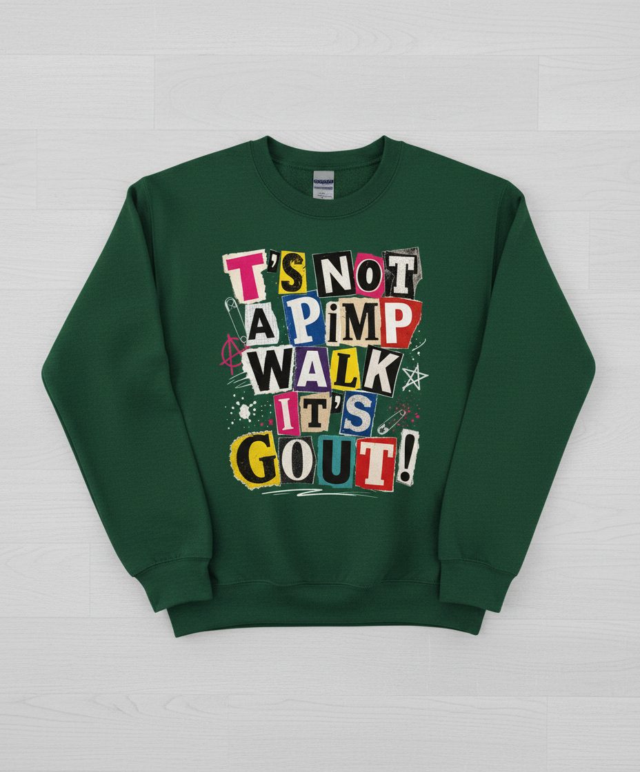 T's Not a Pimp Walk It's Gout Funny Humor Sweatshirt - product mockup - Forest Green