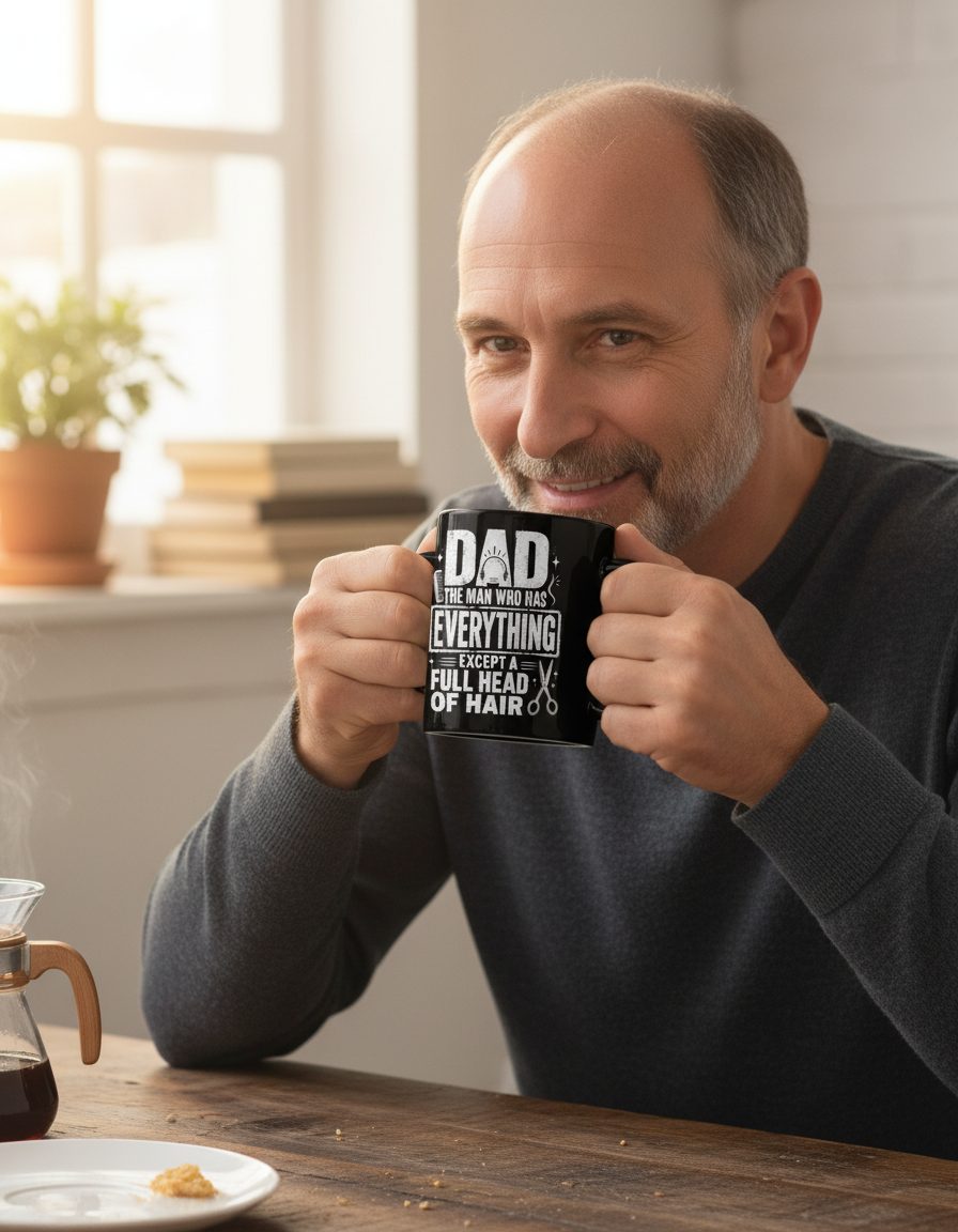 Dad the Man Who Has Everything Except a Full Head of Hair Funny Humor Black Mug - lifestyle model mockup - Black