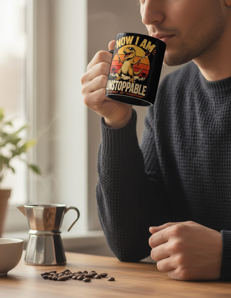 Now I Am Unstoppable Funny T-Rex Black Mug - lifestyle model mockup - Black