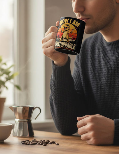 Now I Am Unstoppable Funny T-Rex Black Mug - lifestyle model mockup - Black