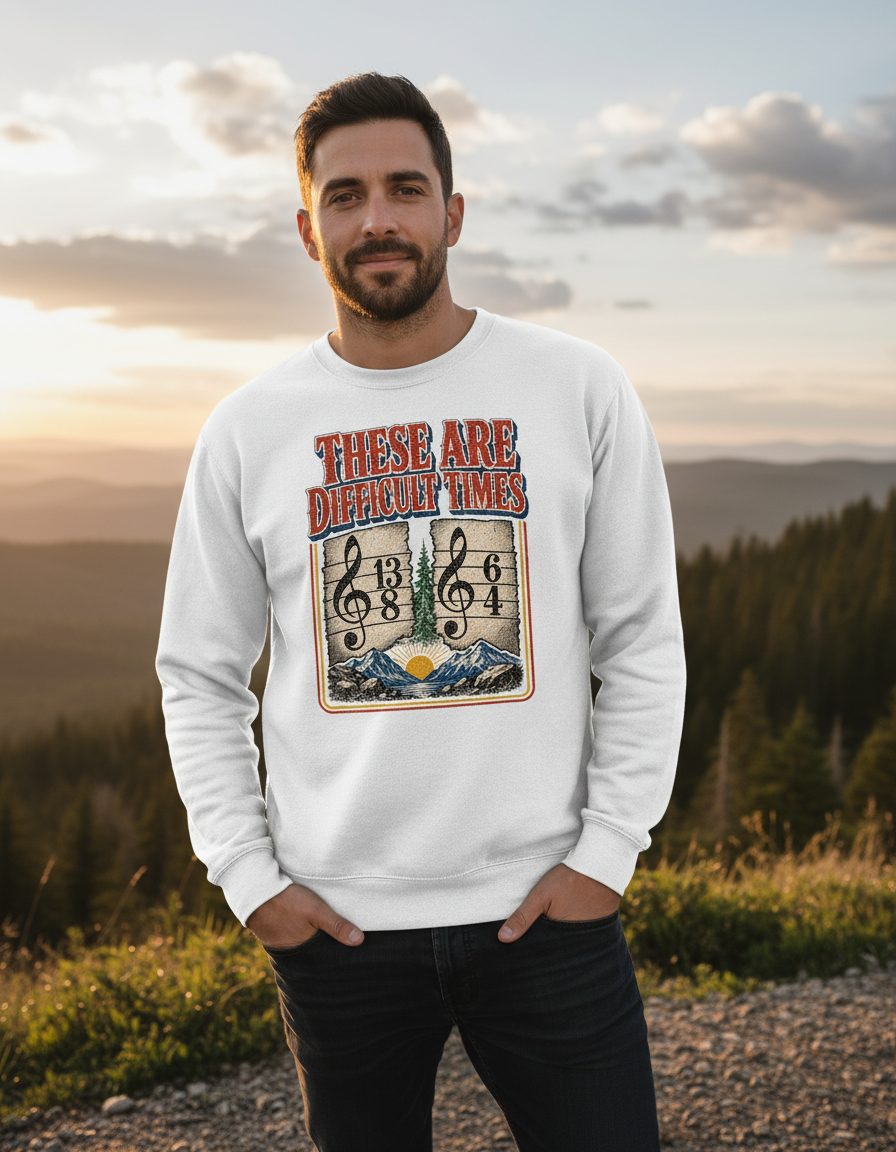 THESE ARE Difficult TIMES Funny Music Pun Sweatshirt - lifestyle model mockup - White
