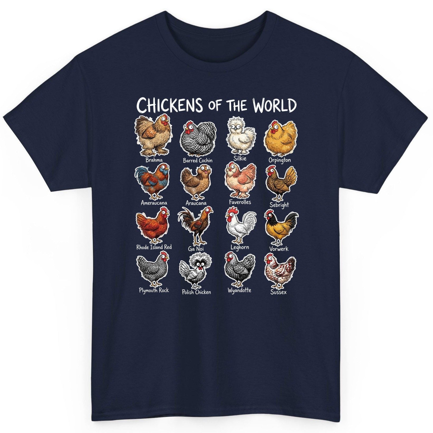 Chickens of the World chicken breeds T-Shirt Navy product mockup