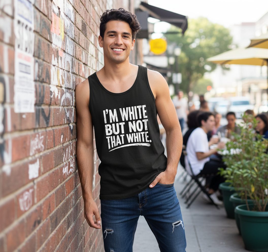 I'M WHITE BUT NOT THAT WHITE Funny Sarcastic Humor Tank Top - lifestyle model mockup - Black