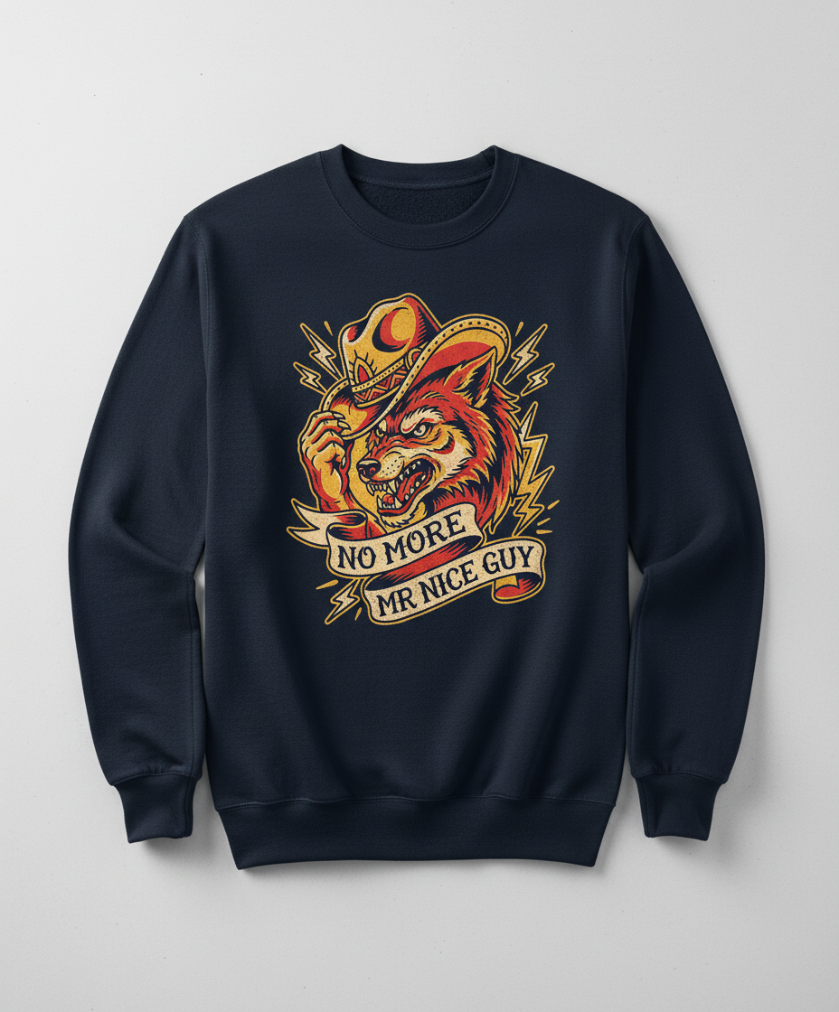 No More Mr Nice Guy Wolf Cowboy Tattoo Art Sweatshirt - Navy